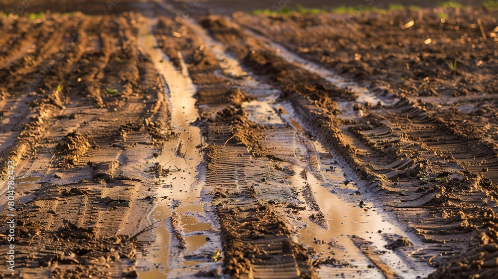 Dirt road through farm, close up, tracks in mud, leading line perspective, early morning light Dirt road through farm, close up, tracks in mud, leading line perspective, early morning light