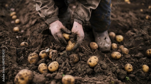 Potato harvest, close up, hands digging in soil, focus on earthy tones and rough textures 