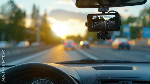 Modern dashboard camera mounted in car, view of road during driving photo