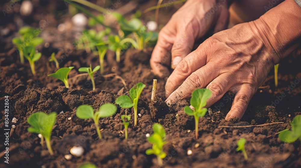 Close up of planting spring seedlings, hands in soil, vibrant green against dark earth, clear day Close up of planting spring seedlings, hands in soil, vibrant green against dark earth, clear day