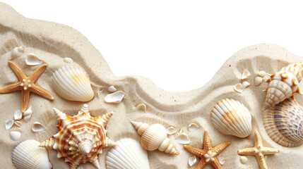 Sand and sea shells beach theme background isolated on white png image , transparent