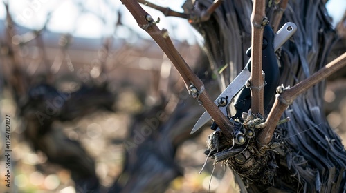 Trimming grapevines in winter, close up, sharp focus on bare vines and pruning shears 