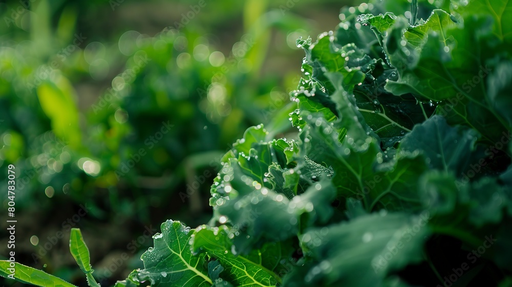 Close up of kale leaves in field, vibrant green against soil, dew-covered, early morning light Close up of kale leaves in field, vibrant green against soil, dew-covered, early morning light