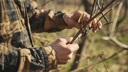 Farmer grafting branches in orchard, close up, focus on technique and hands, spring day