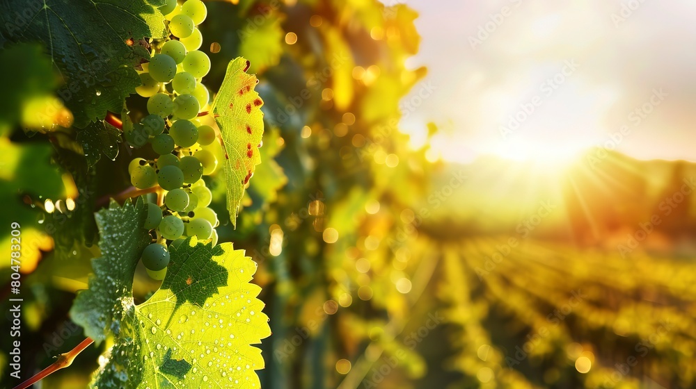 Vineyard rows at sunrise, close up on dew-covered grapes, focus on light filtering through leaves Vineyard rows at sunrise, close up on dew-covered grapes, focus on light filtering through leaves