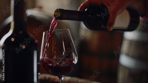 Winemaker's hands pouring wine into glass, close up, focus on the rich red color, soft background 