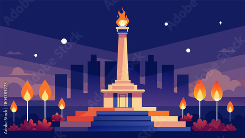 In front of a grand monument candles are lit in honor of the fallen soldiers on Independence Day. The soft glow of the candles serves as a reminder of. Vector illustration