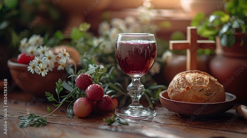 A chalice of wine with bread and a cross on a subdued background symbolizing the sacred ritual of communion