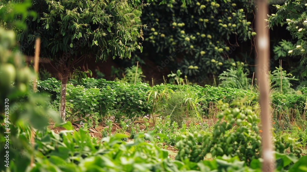 Fototapeta premium Agroforestry plot with mixed crops, close up on interplanted trees and shrubs, focus on biodiversity, sustainable farming