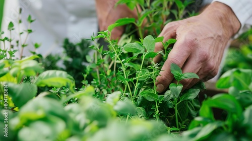 Chef inspecting fresh herbs from local farm, close up, focus on vibrant green leaves, culinary preparation