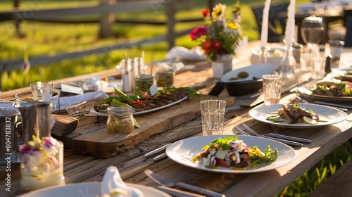 Rustic farm table set with fresh meals prepared, close up on dishes made from local ingredients, outdoor setting 
