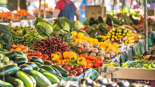 Farmers' market stand, close up on array of fresh vegetables and fruits, colorful display, direct farm sales  © Thanthara