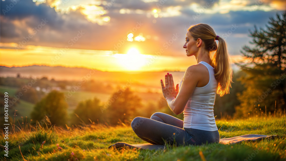 Person meditates in grass under a soft sunset, a harmony of warm and cool skies. A girl with her arms folded on her chest meditates in lotus pose. Soft sunset on the meadow. Person meditates in grass under a soft sunset, a harmony of warm and cool skies. A girl with her arms folded on her chest meditates in lotus pose. Soft sunset on the meadow.
