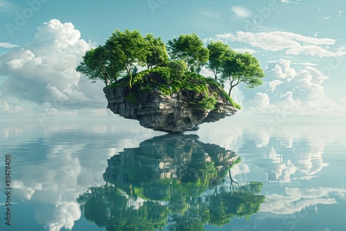 Create a digital painting of a small rocky island with bright green trees and a crystal clear blue ocean