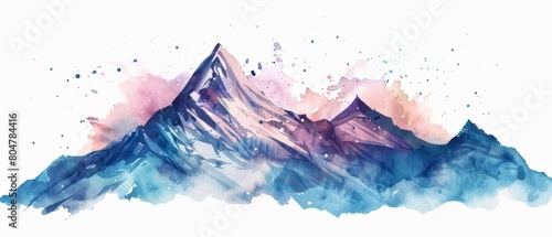 Watercolor painting of snow capped mountains with a splash of pink and blue.