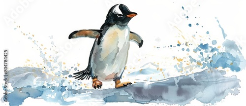 A watercolor painting of a gentoo penguin walking on ice photo