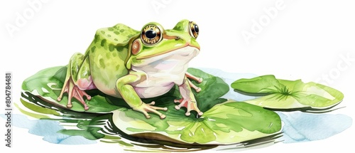 A watercolor painting of a happy frog sitting on a lily pad surrounded by lily flowers photo