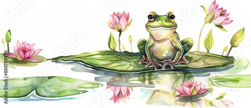 A watercolor painting of a kawaii, so cute frog sitting on a lily pad in a tranquil pond, Clipart isolated on white background photo