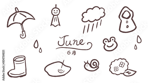 6月梅雨モチーフのかわいい手描き線画イラストセット