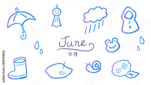 6月梅雨モチーフのかわいい手描きグラデーション線画イラストセット