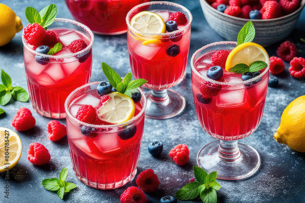 Spring or summer refreshing cold cocktail or mocktail with berries and lemon, raspberry lemonade Spring or summer refreshing cold cocktail or mocktail with berries and lemon, raspberry lemonade