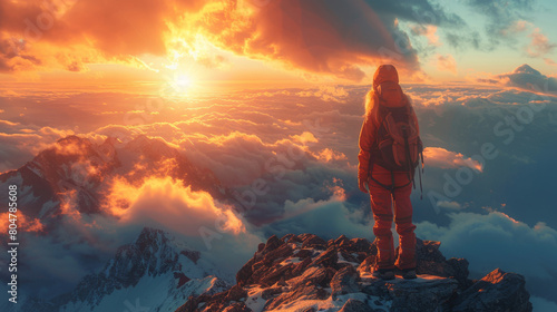 Mountaineer standing on summit at sunset with panoramic mountain views