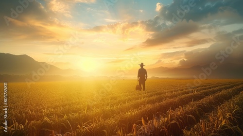 Young skilled farmer working and standing at rice field sunset with golden ray. Agricultural people or researcher checking his crop while standing at farm. Agriculture sustainable concept. AIG42.