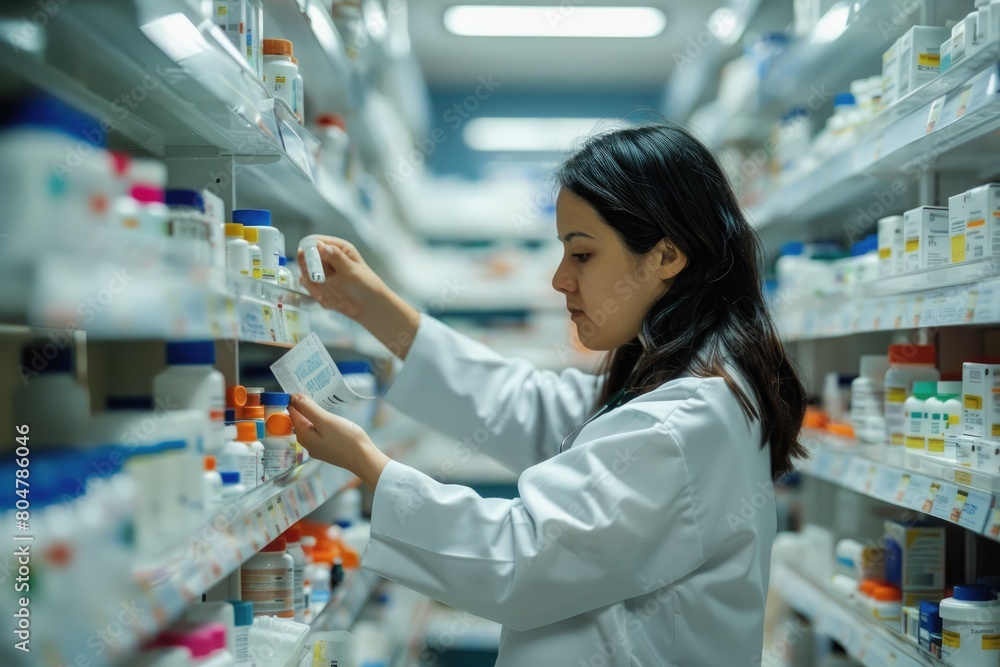 pharmacist arranging medications on shelves