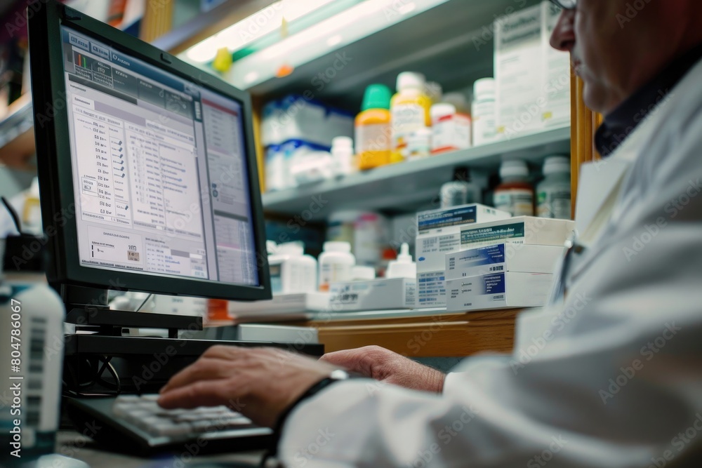 pharmacist using computer typing pharmacist using computer typing