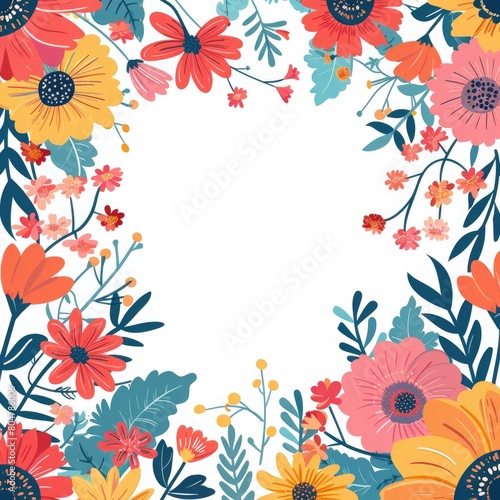 colourful spring flowers frame illustration on white background with copy space