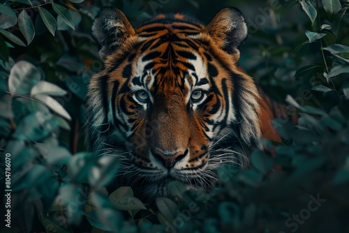 A fierce tiger lurks among the bushes of the green forest. Tiger camouflaged in a green forest environment with a penetrating gaze ready for action.