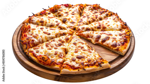 Pizza with cheese on top, cut into slices on a wooden board with an isolated white background, png 