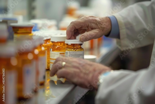 pharmacist hands arranging bottles with medications