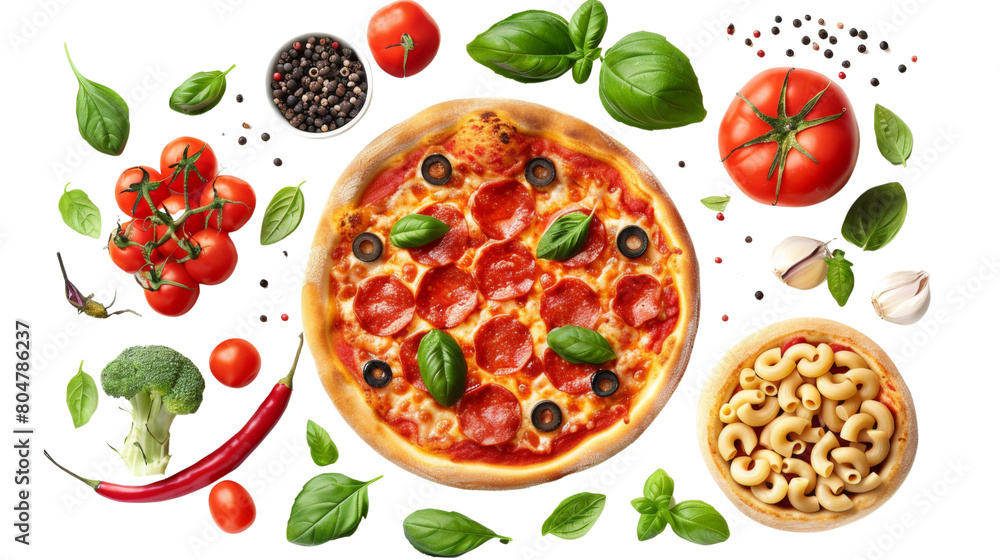 Pizza pepperoni and ingredients cut out on white background, png transparent Pizza pepperoni and ingredients cut out on white background, png transparent