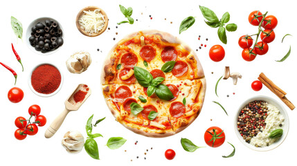 Pizza pepperoni and ingredients cut out on white background, png transparent