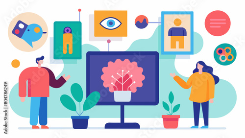 A display of artwork created by individuals with various neurodiverse conditions with a section where visitors can try creating art while wearing. Vector illustration