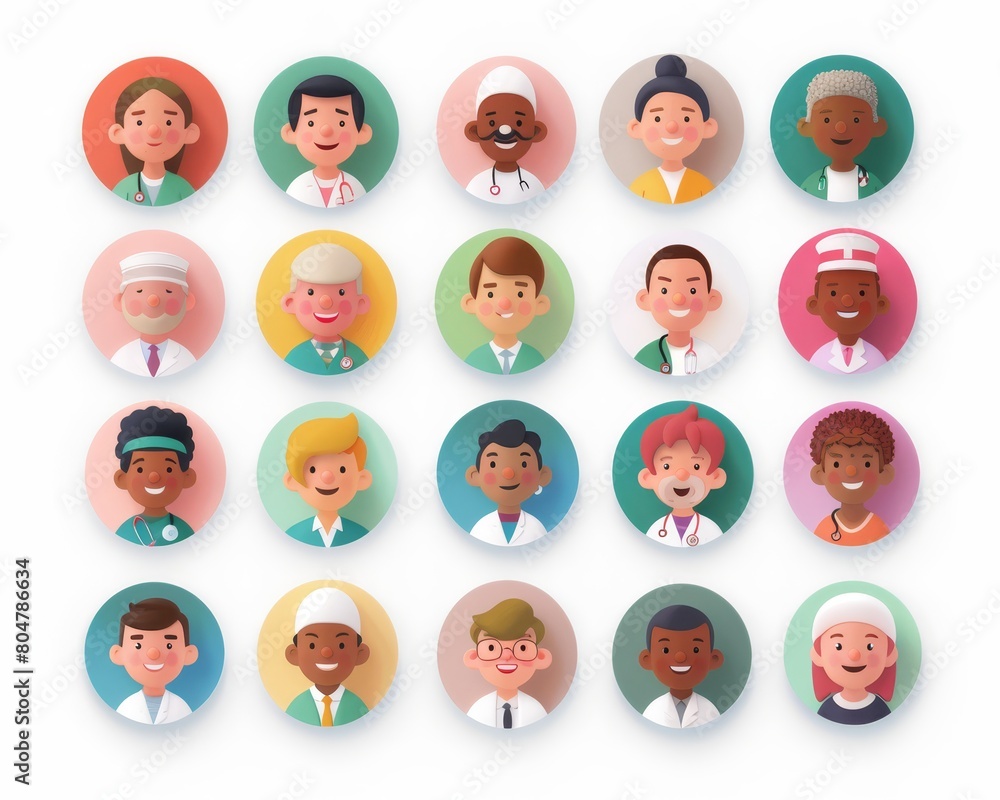 A set of icons, men and women in medical jobs style, doctor and nurse and professor and... on round circle labels and template frames. A set of icons, men and women in medical jobs style, doctor and nurse and professor and... on round circle labels and template frames.