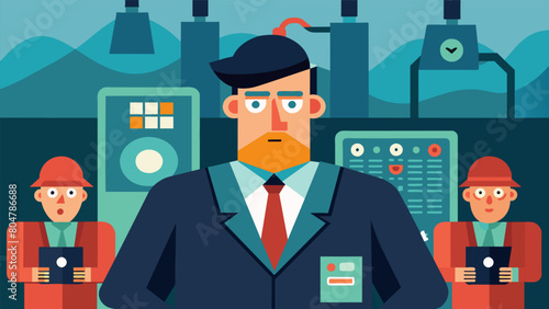The factory manager a cold and calculating figure flanked by bodyguards and making frequent trips to the control room to monitor production..