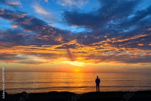 Person silhouette standing on a beach shore with an orange sunset- a cool background © Tahir