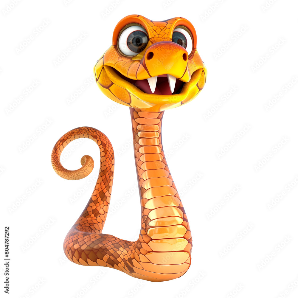 Fototapeta premium 3D snake standing on its tail. Poisonous reptile with large eyes. Positive character in children style. Wild nature, looking cute, adorable and joyful on isolated on transparent background