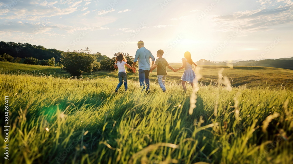 family holding hands in a lush field at sunset.