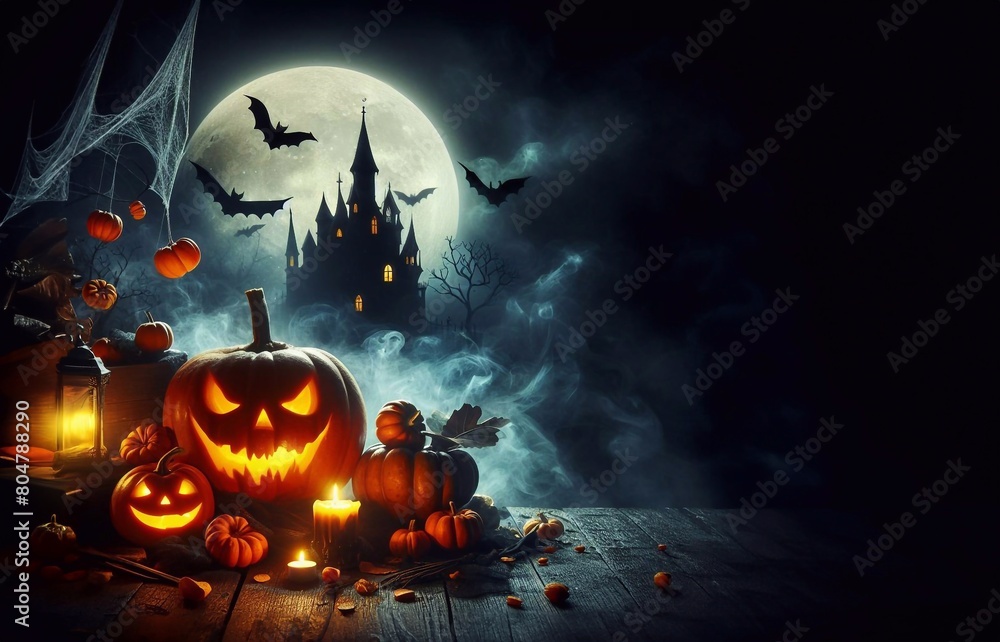 Fototapeta premium Illustration for Halloween poster, pumpkin, bat, castle generative ai art