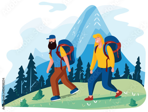 Man woman hiking mountain trail, backpackers exploring nature. Smiling hikers trekking scenic route, outdoor adventure, sporting casual gear. Cheerful couple walking forest, wild landscape behind