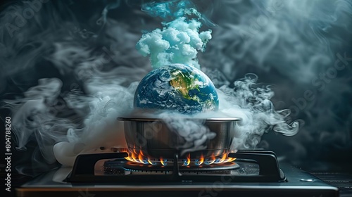 A conceptual image of Earth inside a pressure cooker on a gas stove, with steam escaping and clouds forming around, depicting the intensifying effects of global warming photo