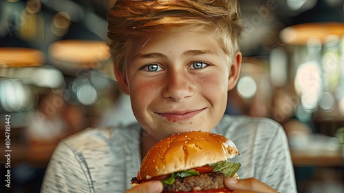 portrait of a handsome Caucasian teenager 12 years old looking at the camera holding an appetizing burger while in a cafe
