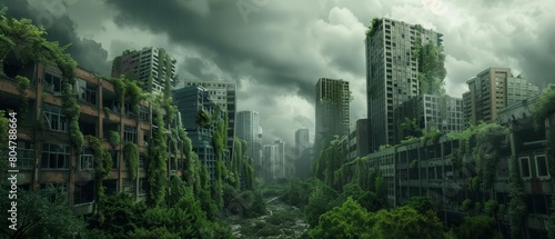 A 3D render of a city after apocalypse shows nature reclaiming overgrown buildings with vines and trees under a cloudy, ominous sky, Sharpen Landscape background photo