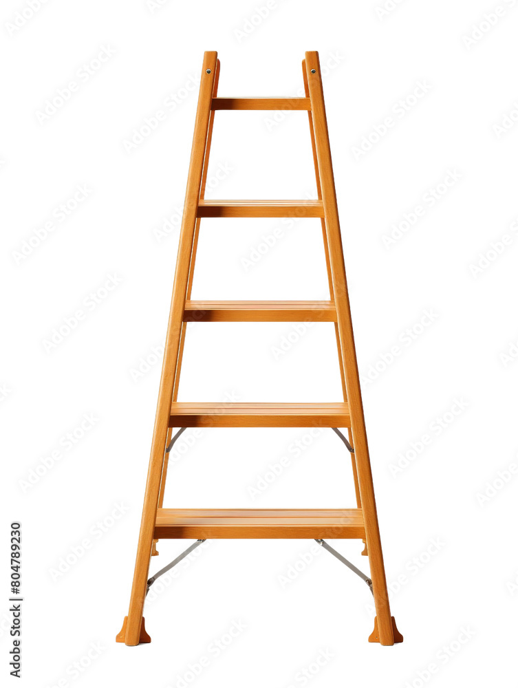 The ladder is made of wood. It has four rungs. It is brown in color. The ladder is made of wood. It has four rungs. It is brown in color.