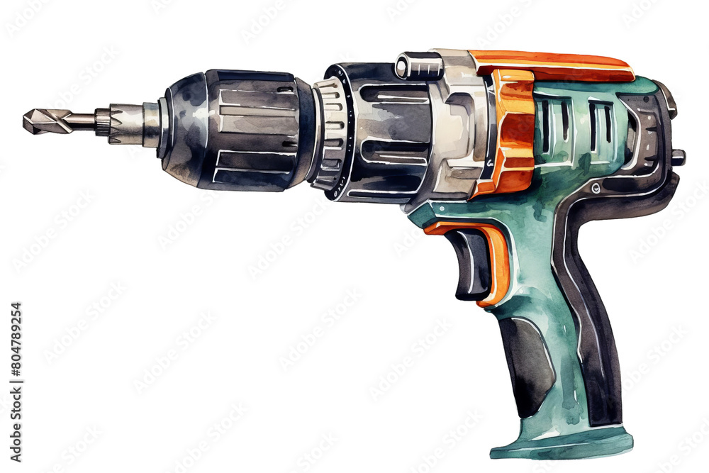The image shows a power drill. It is black and green with a silver drill bit. The drill is isolated on a white background. The image shows a power drill. It is black and green with a silver drill bit. The drill is isolated on a white background.