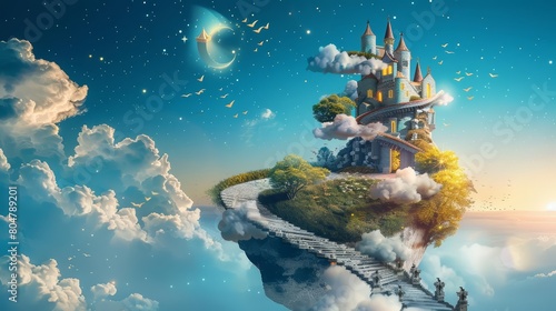 A fantasy castle floating in the sky, connected to the earth by a spiraling paper staircase wrapped in clouds, paper art style concept