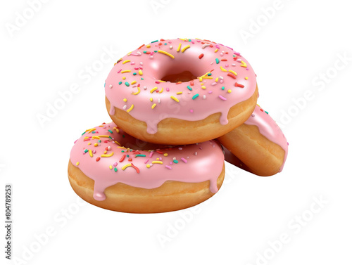 Three delicious pink donuts with rainbow sprinkles on top.